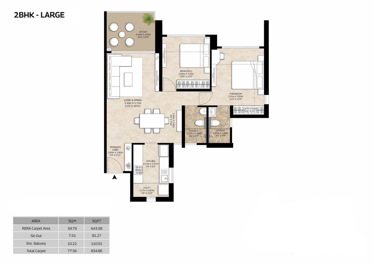 2 BHK floor plan