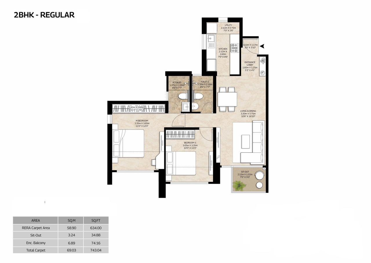 2 BHK floor plan