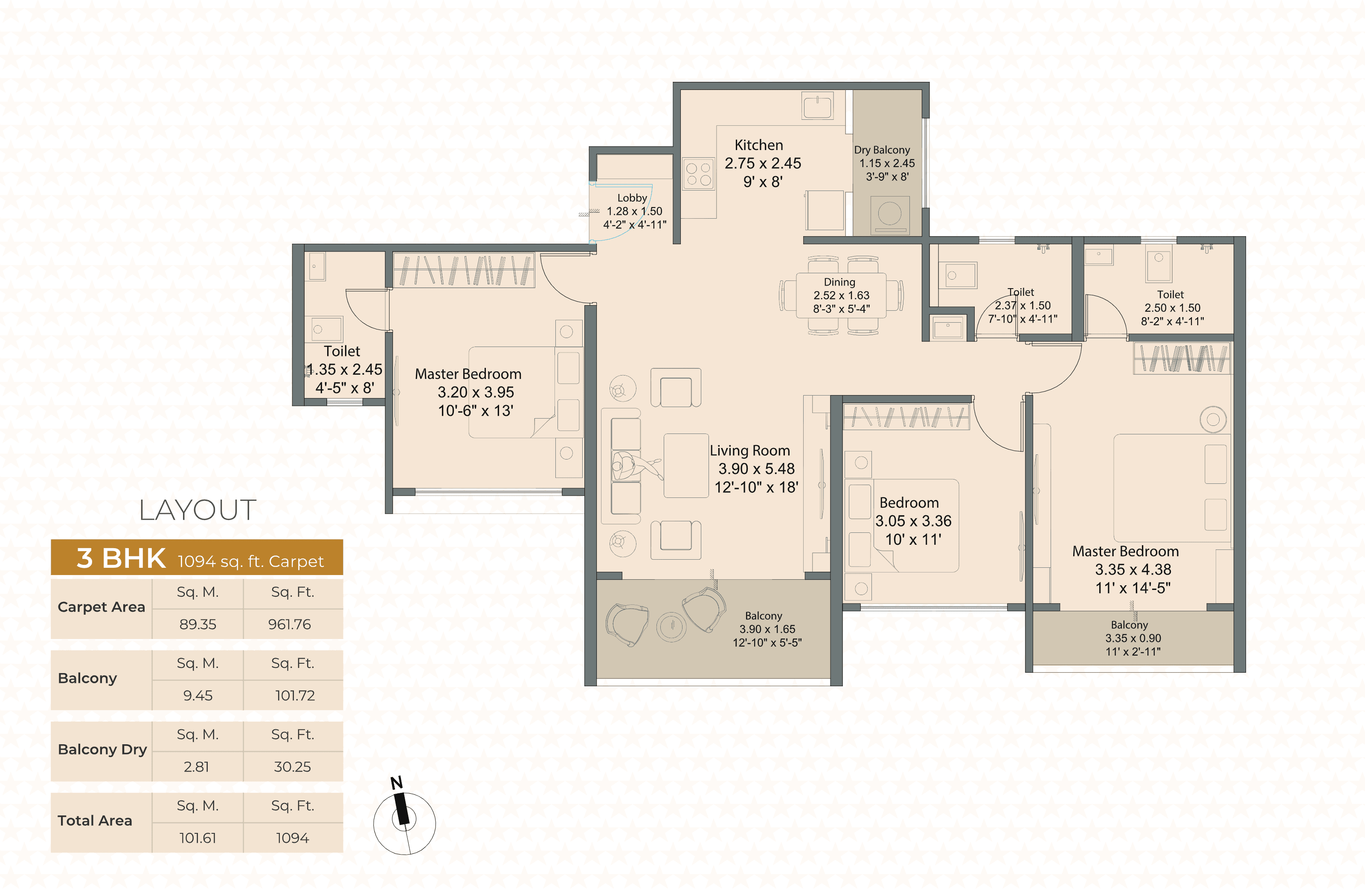 3 BHK floor plan