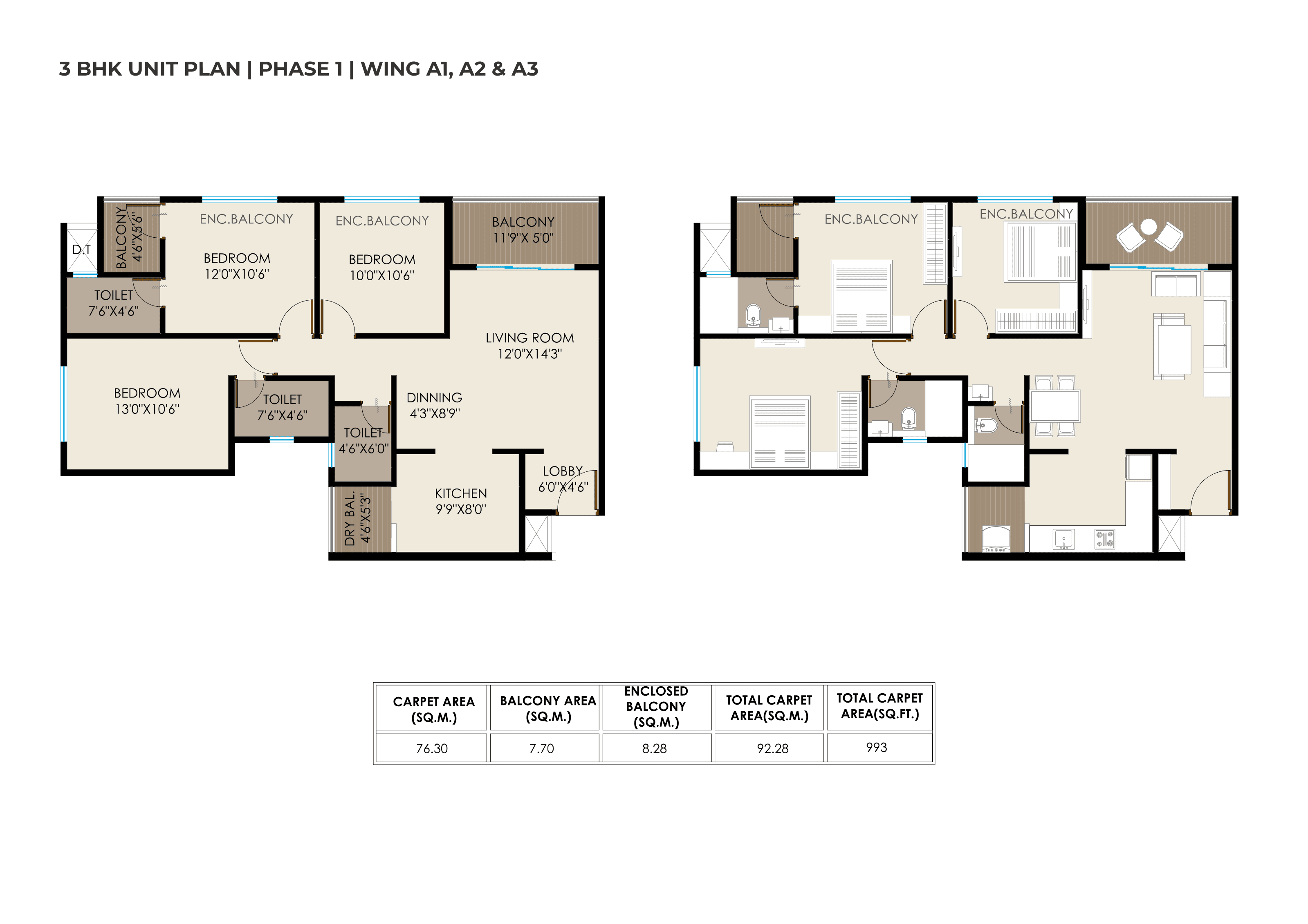 3 BHK floor plan
