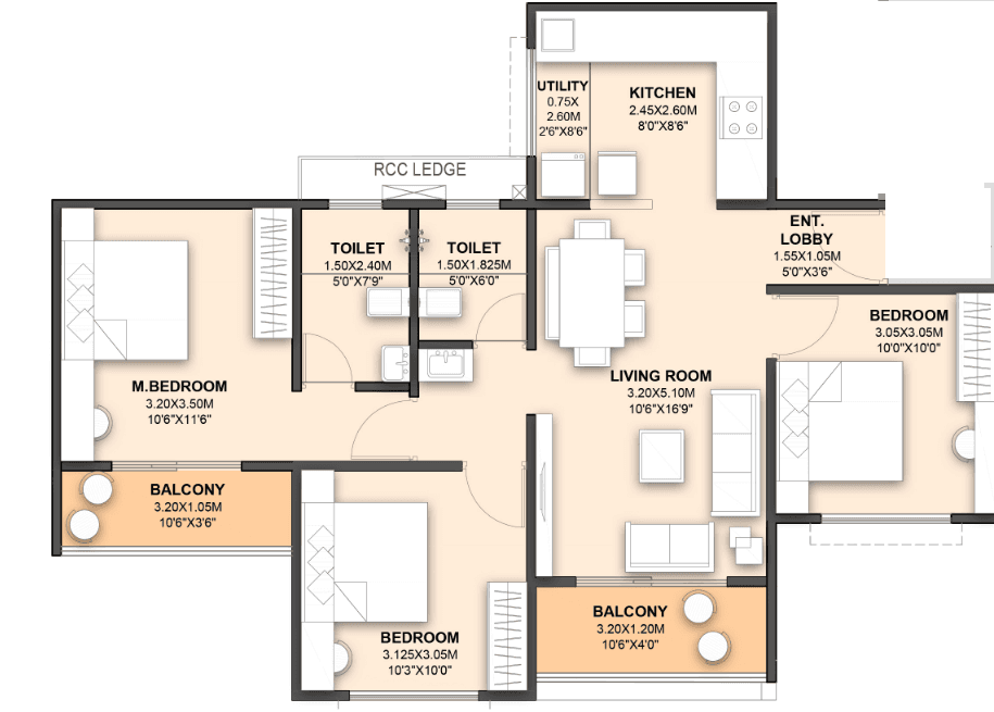 3 BHK floor plan