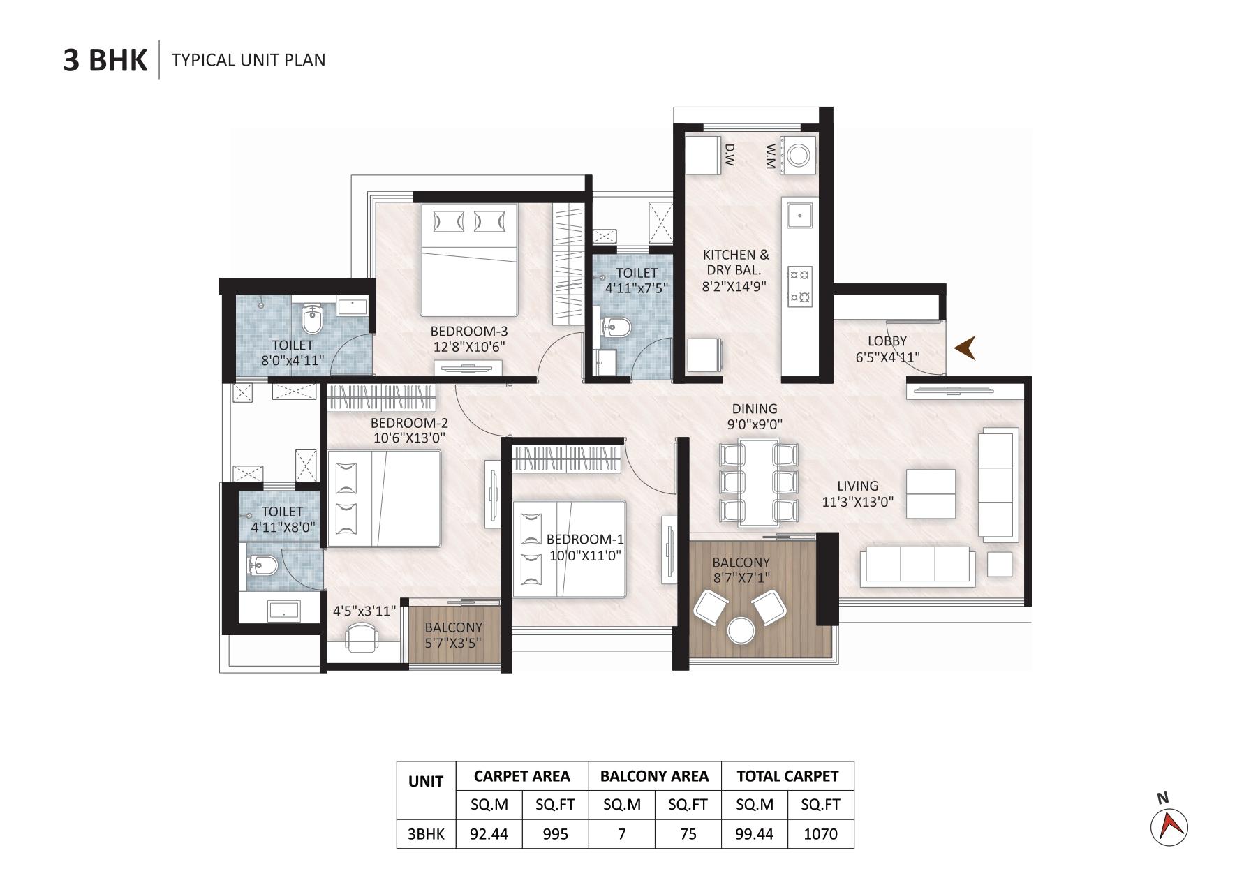 3 BHK floor plan