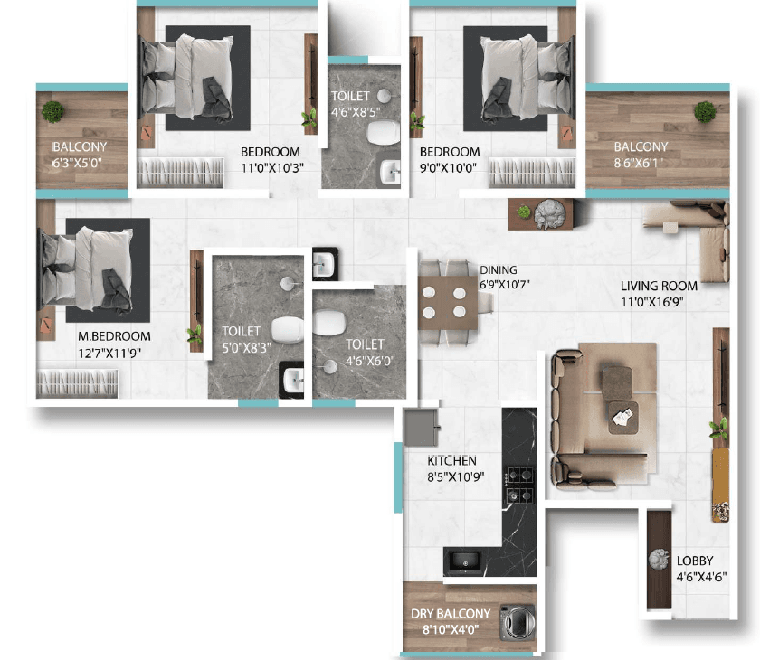 3 BHK floor plan