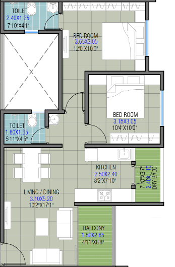 2 BHK floor plan