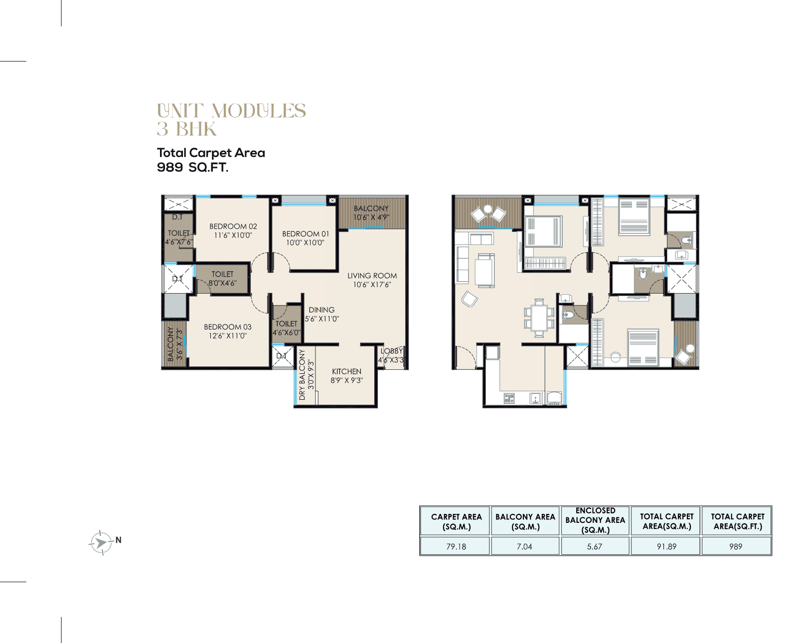 3 BHK floor plan