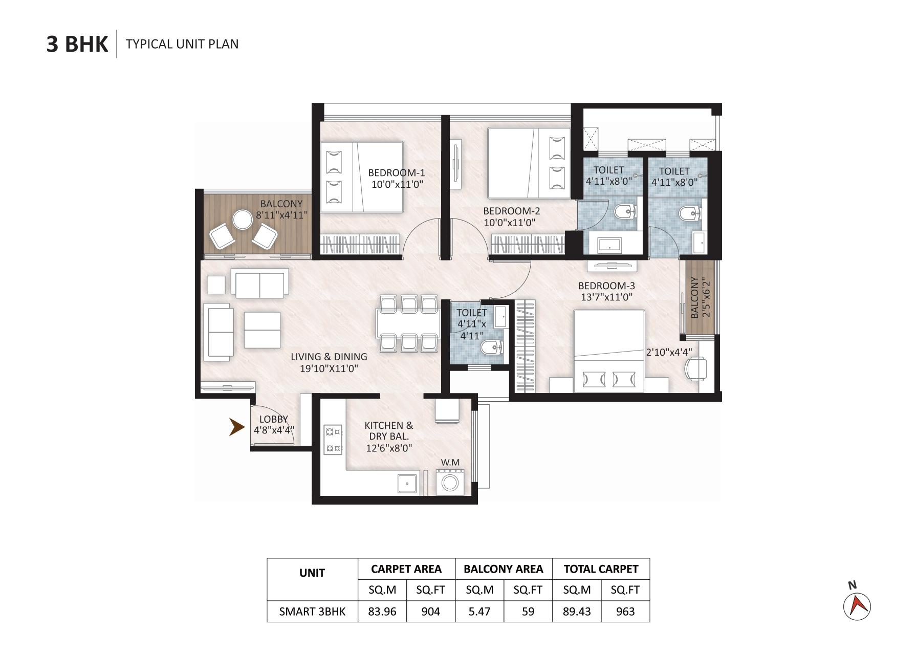 3 BHK floor plan