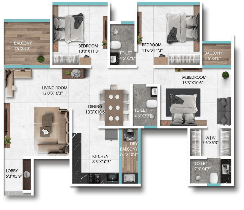 3 BHK floor plan