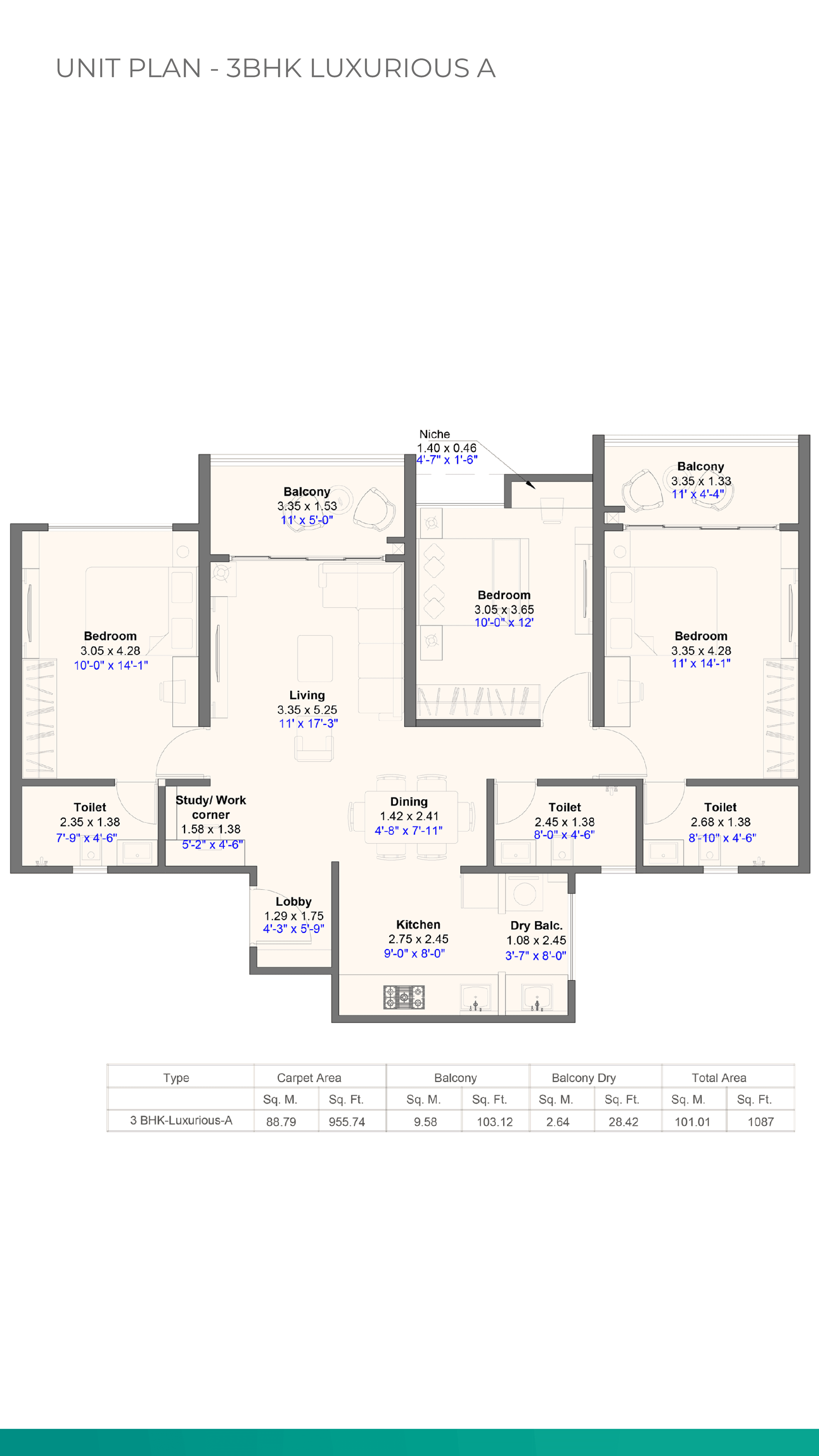 3 BHK floor plan