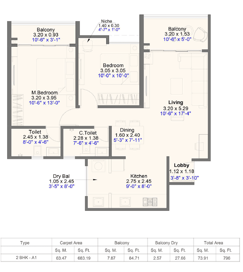 2 BHK floor plan
